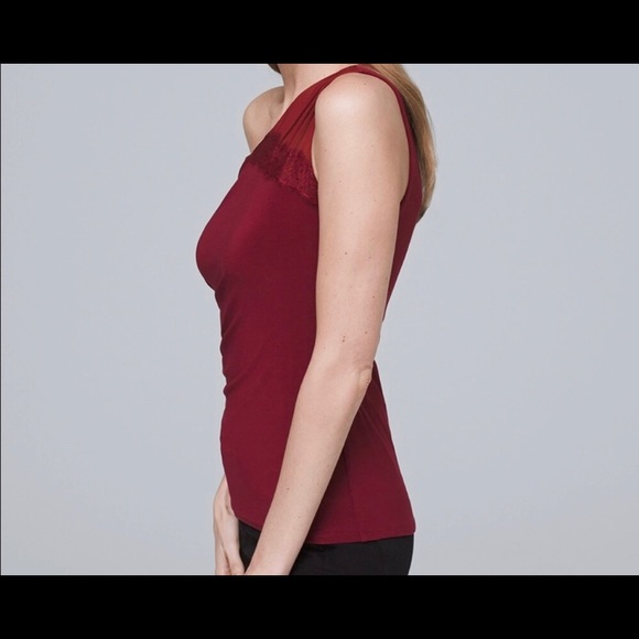 WHBM, one shoulder blouse with lace trim. - Picture 3 of 6
